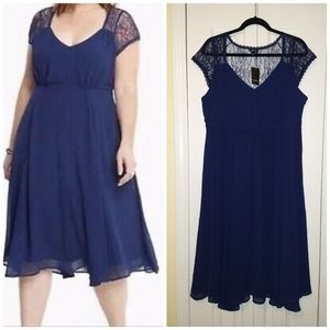 Torrid Navy Chiffon Lace Yoke Midi Dress